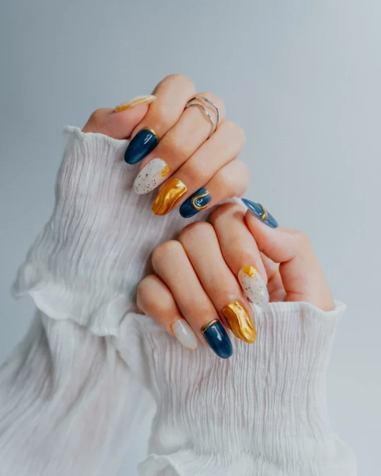 Long blue and gold press-on nails