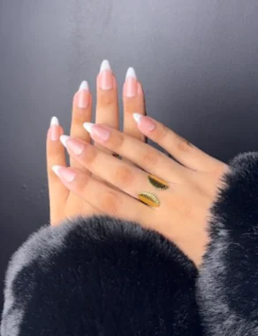 French tip press-on nails with fur sleeve